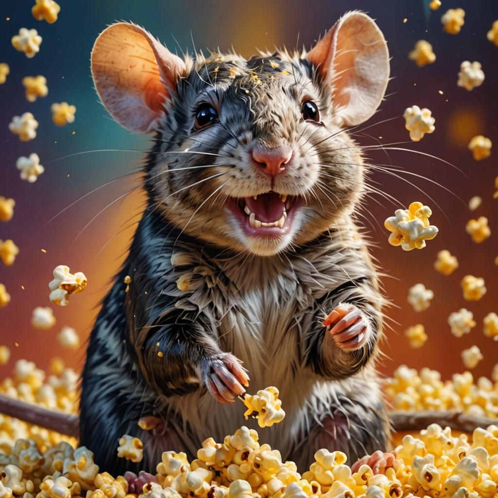 Hyperrealistic Norwegian Rat Enjoys Popcorn