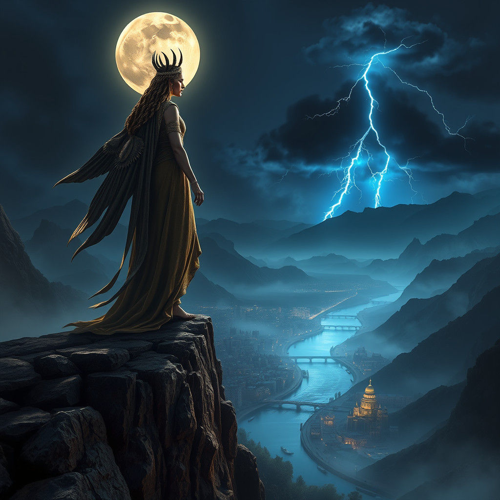 Goddess Ananke Overlooks Ancient City in Mystical Realism
