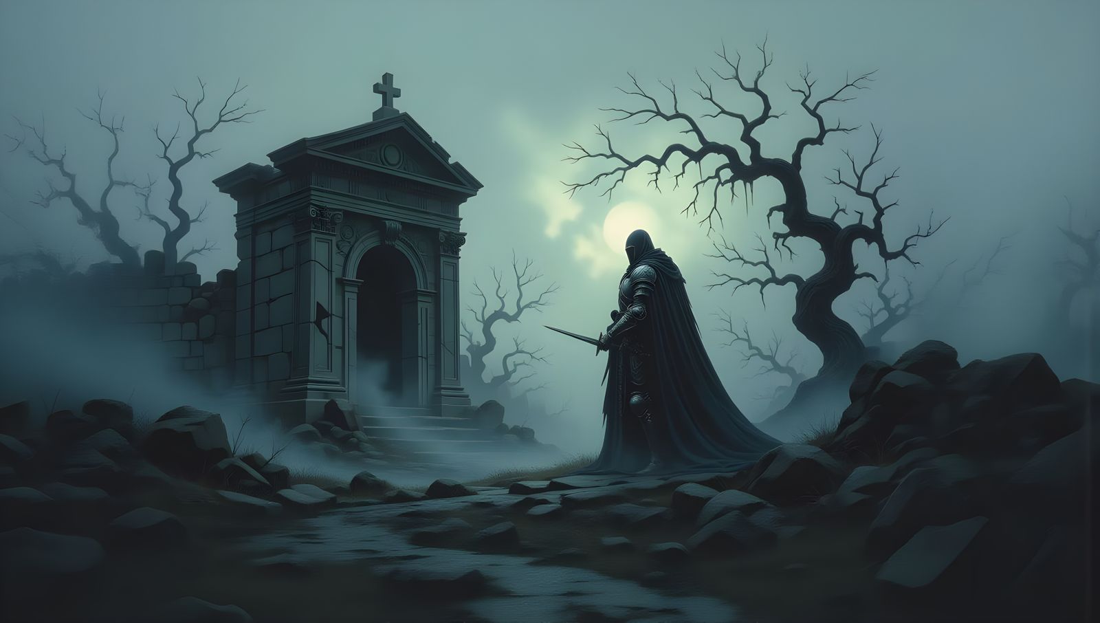 Spectral Knight Guards Ancient Mausoleum in Dark Fantasy Art