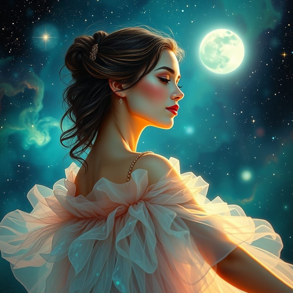 Cosmic Dancer in Ethereal Gown, Amidst Twinkling Nebula