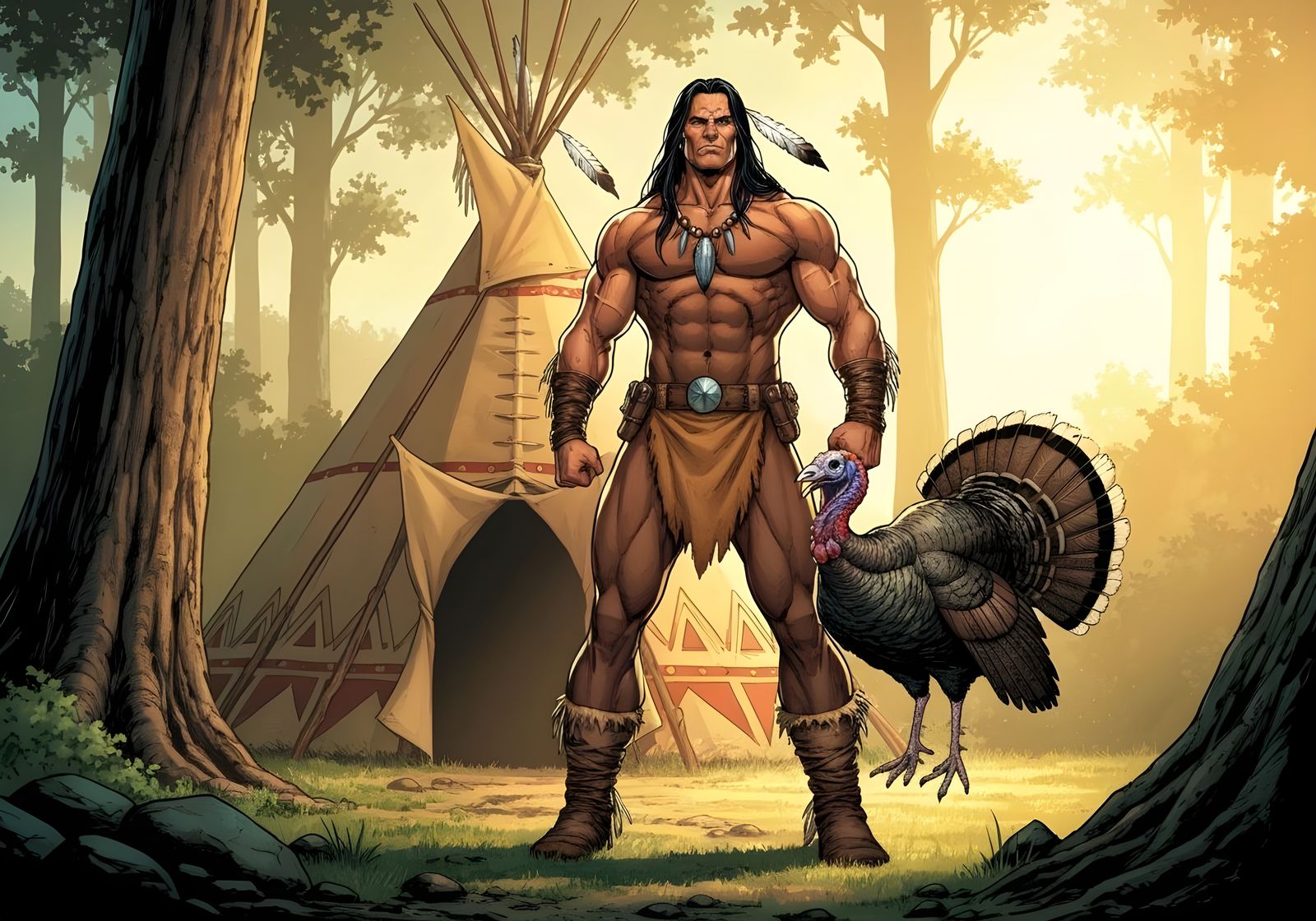 Muscular Native American Superhero Warpath in Forest with Tu...