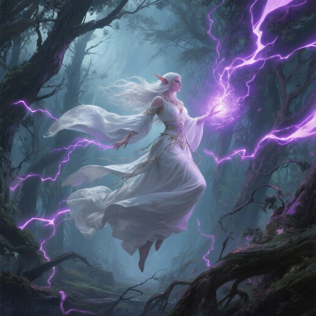 Elven Sorceress Wreathed in Purple Arcane Lightning