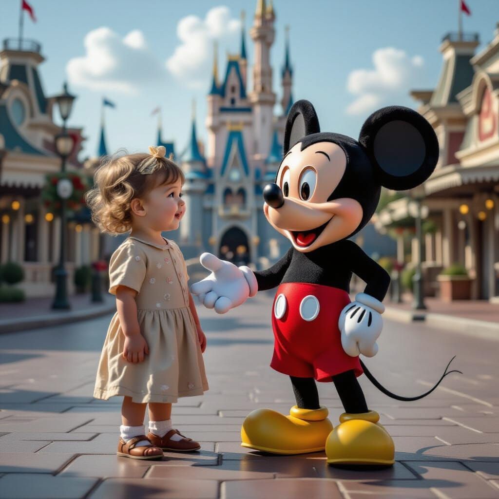 Boy Jindra and Mickey Mouse in Cinematic Film Still