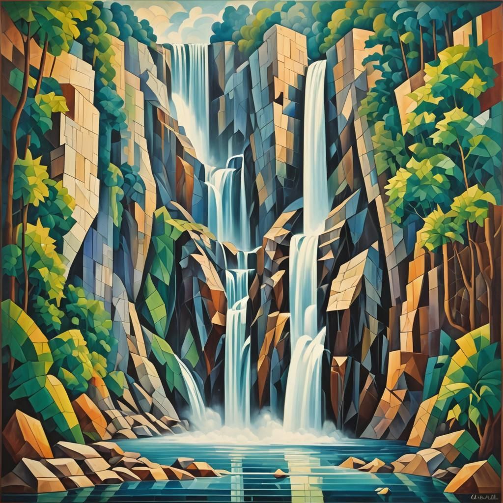 Abstract Cubist Waterfall in Euclidean Style