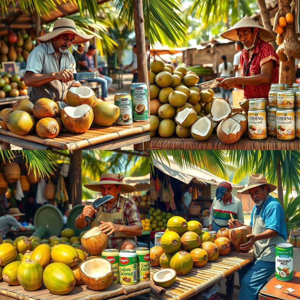 Tropical Market Scene with Coconuts in 19th Century Style