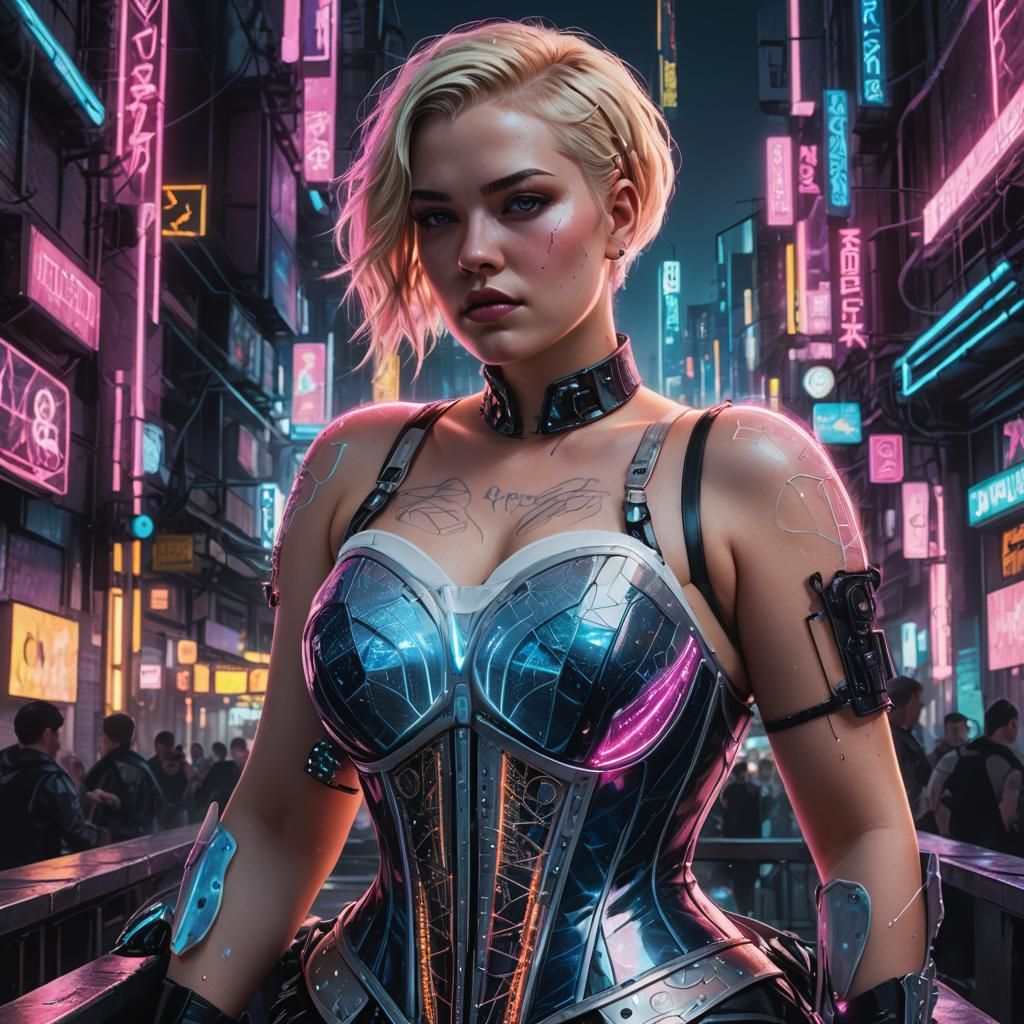 Cyberpunk Portrait of Plus-Size Woman in Neon Cityscape