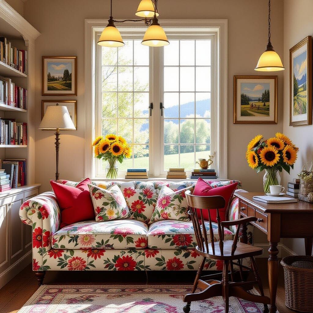 Cozy Study Room with Floral Sofa, 3D Render