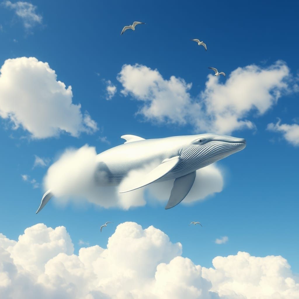 Whale Gliding Through Clouds in Dreamlike Sky