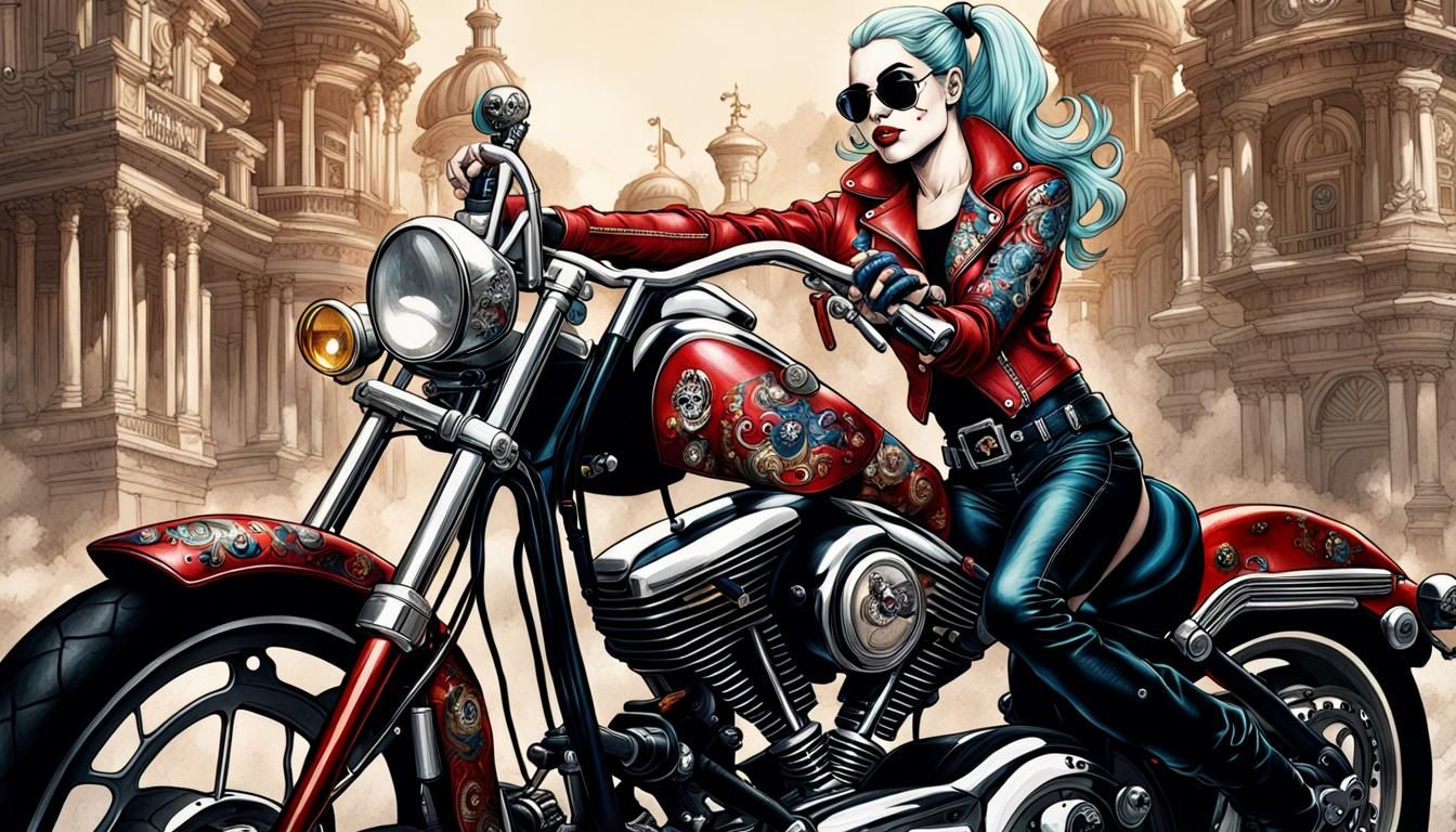 Harley Quinn on Motorcycle in Rococo Style