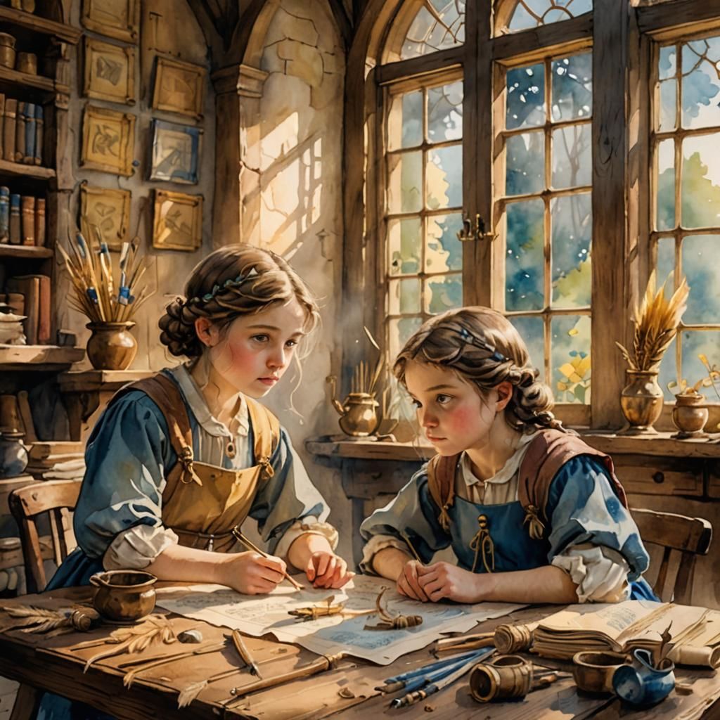 Whimsical Young Roman Scholars in Earthy Watercolor