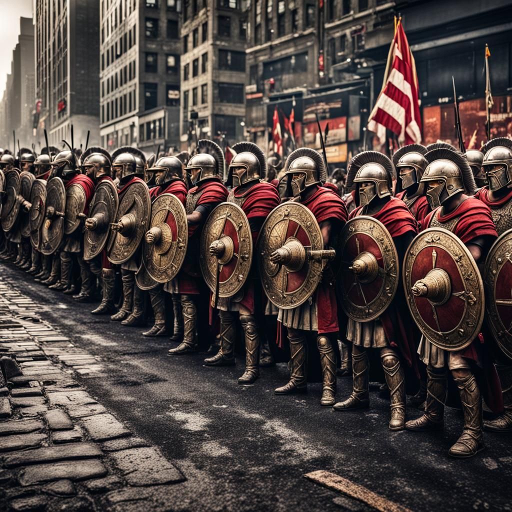 Roman Centurions Clash with Rioters in New York