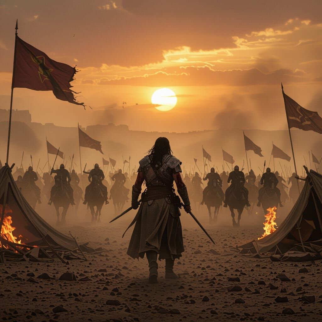 Epic Battle Scene: Lone Warrior Charges Enemy