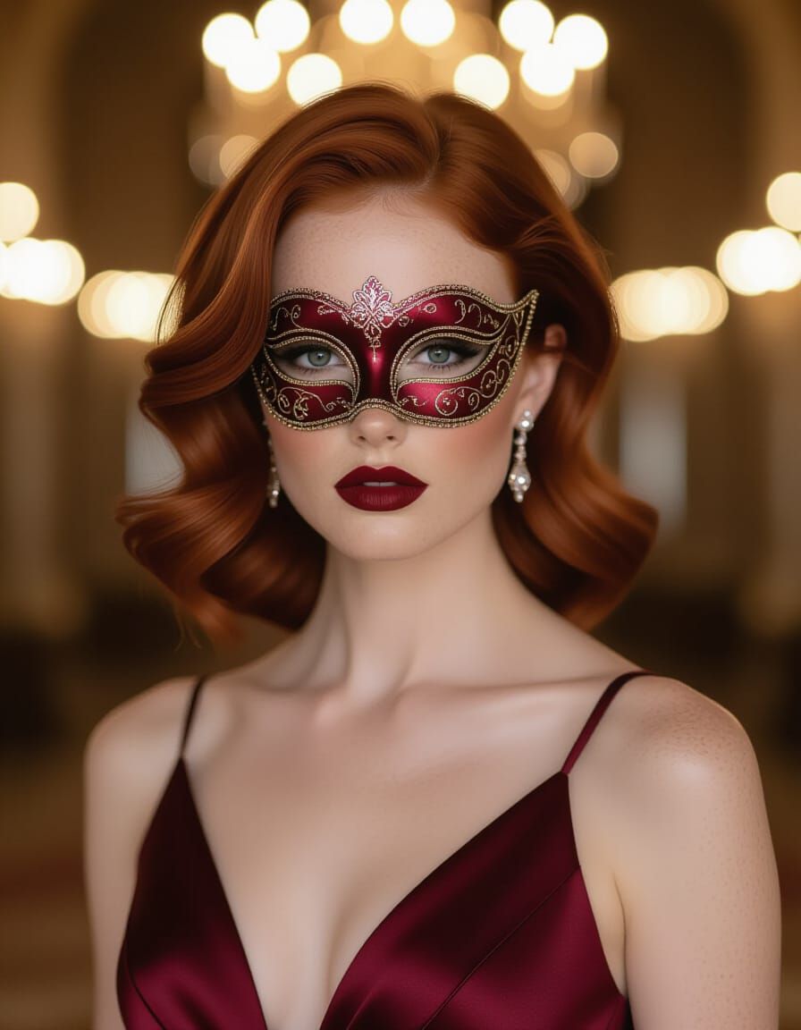 Elegant Woman with Mask in Ballroom, Editorial Photography