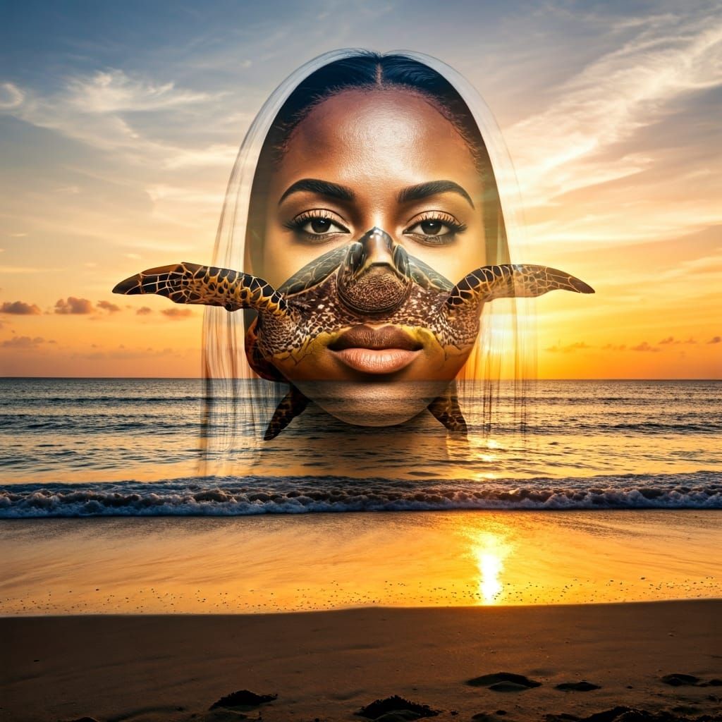 Double Exposure: Sea Turtle and Jamaican Woman