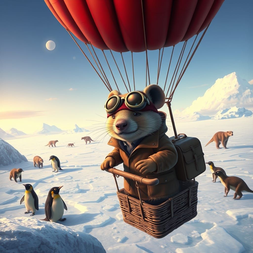 Womabat in a hot air balloon flying over antartica with polar bears and penguins and dinosaurs