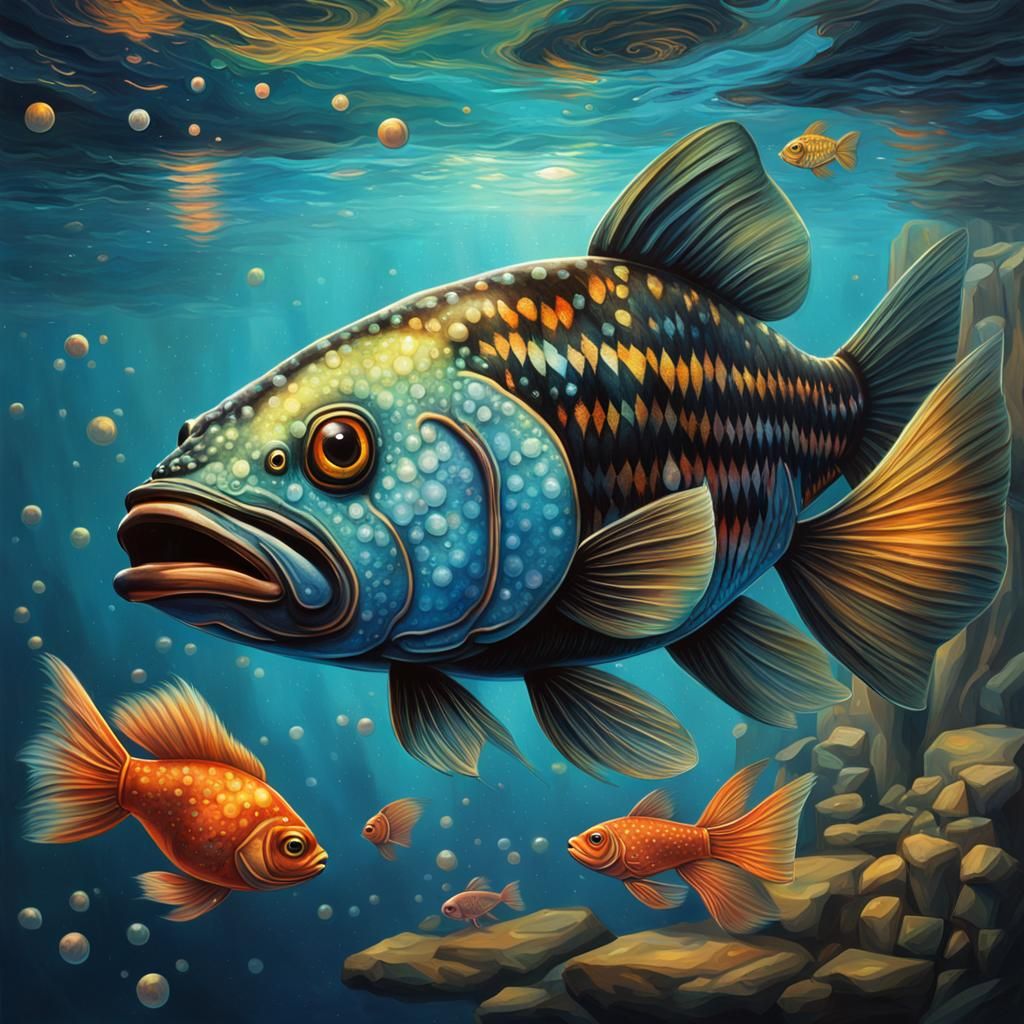 Hyperrealistic Fish and Dog River Scene
