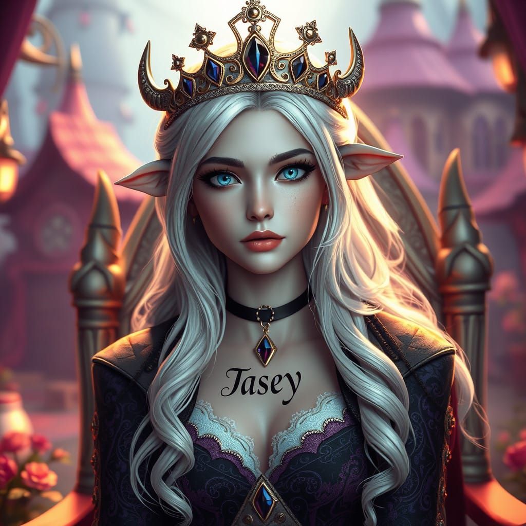 Elegant Regal Queen in Whimsical Village Setting