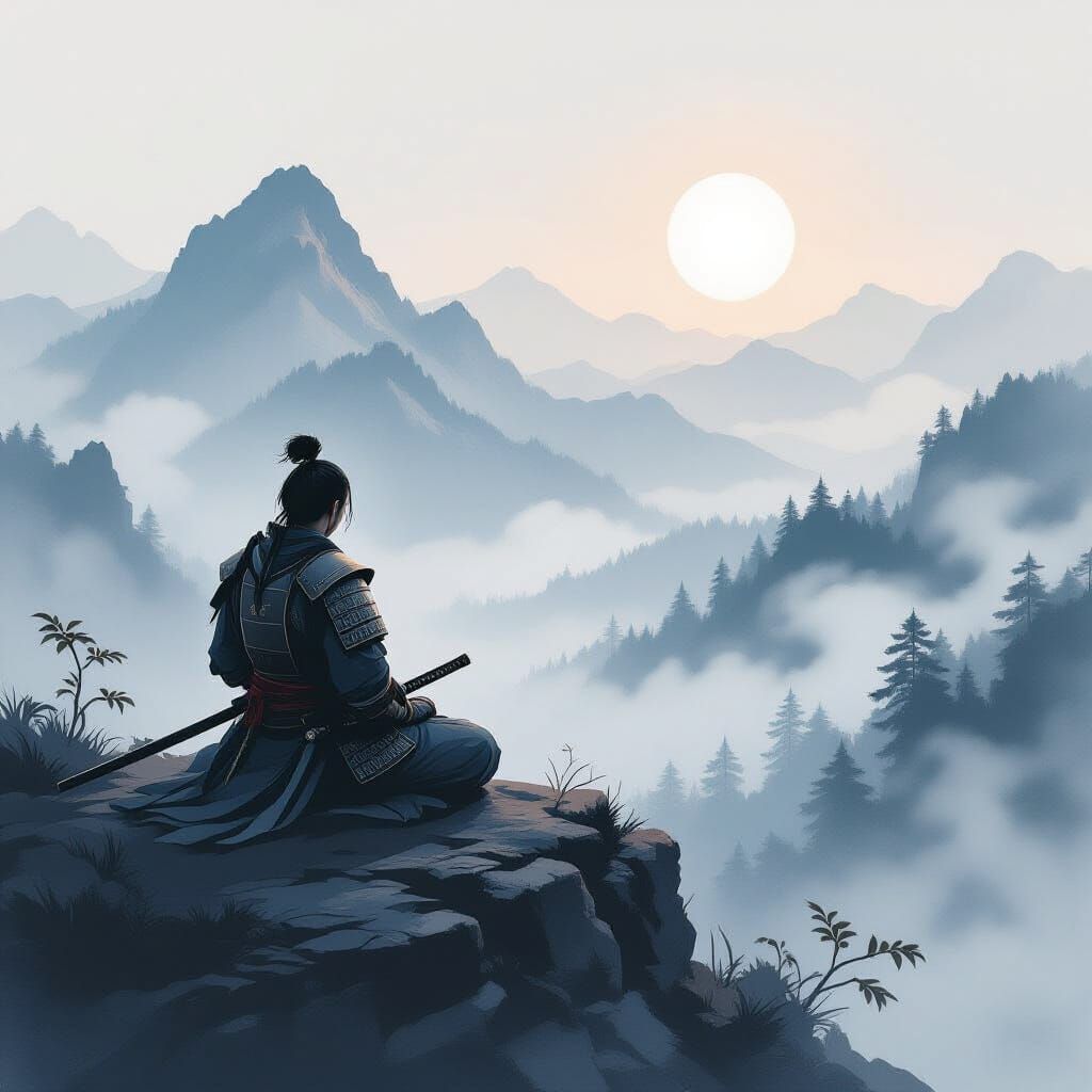 Samurai Warrior Meditating on Misty Mountain Peak
