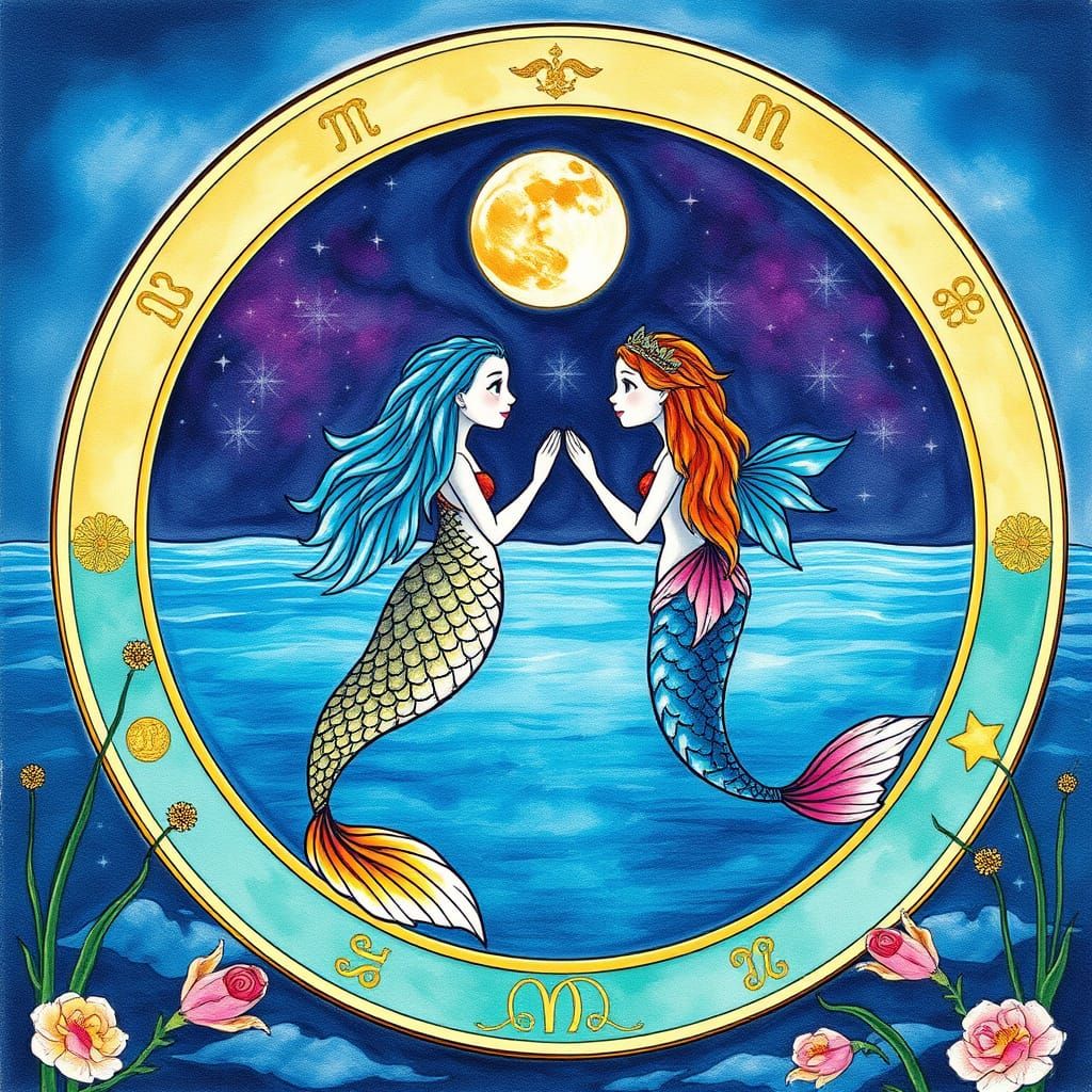 Mermaids Under Full Moon in Vibrant Watercolor Style