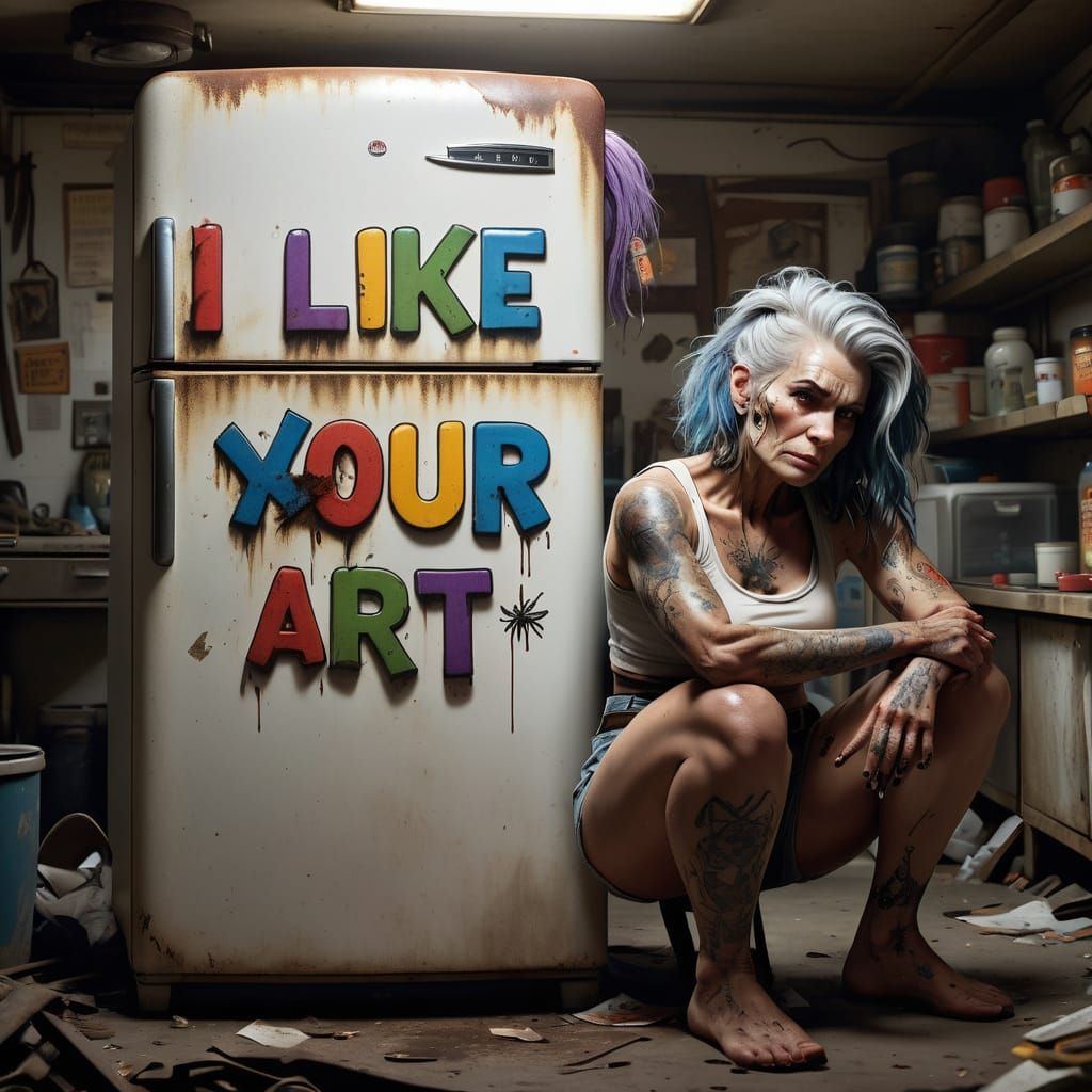 Hillbilly Woman Leans on Decaying Fridge