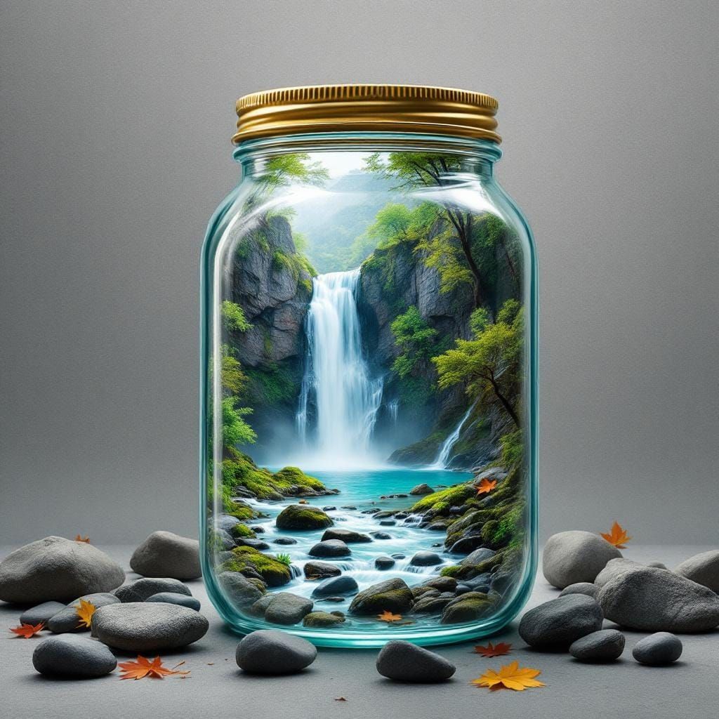 Waterfall in a Jar: A Hyperrealistic Art Piece