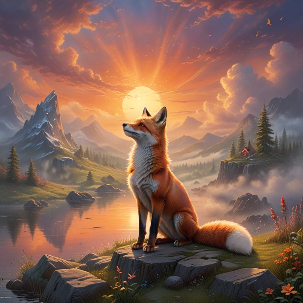 Fox Yoga at Sunset: Ethereal Fantasy Art