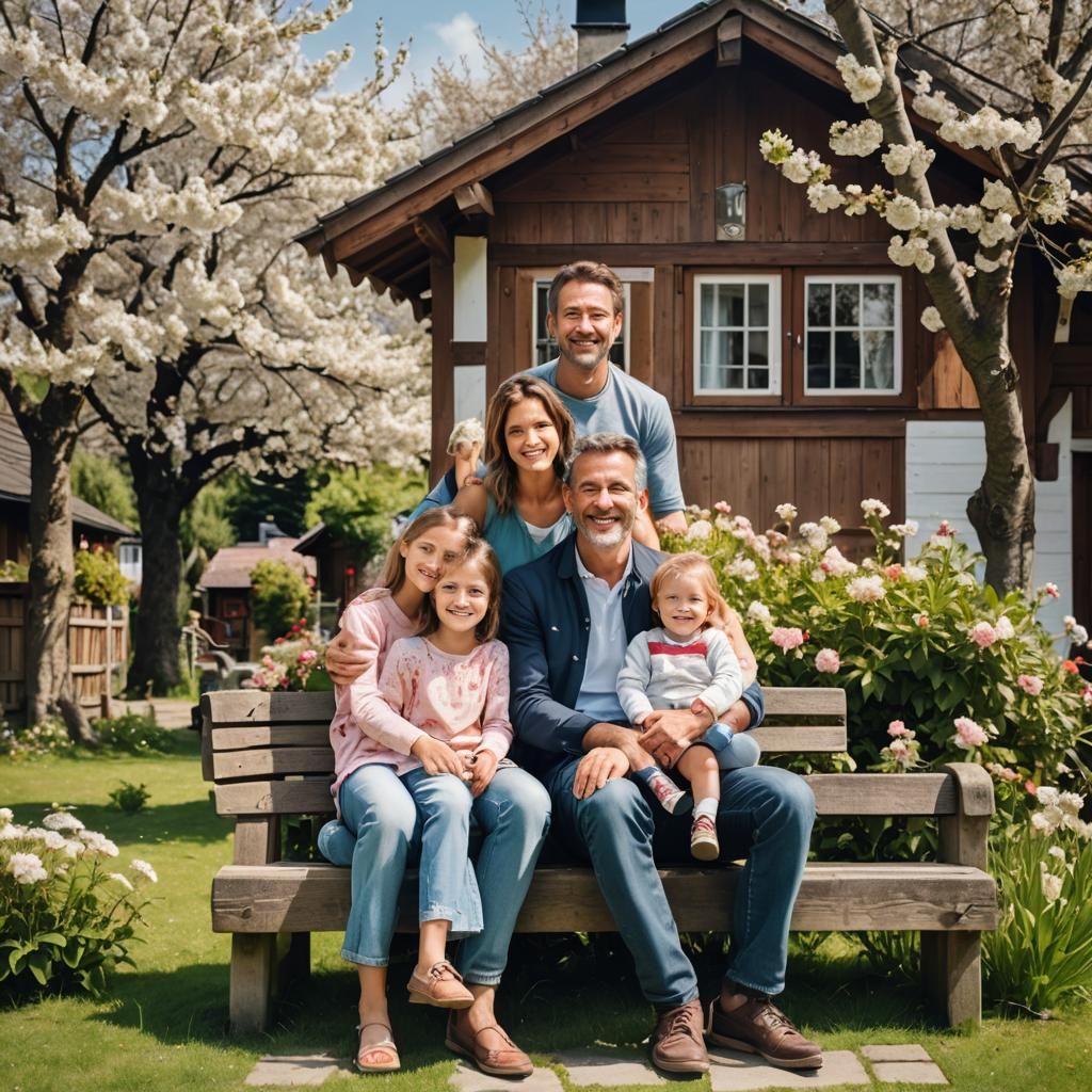 Happy Family Posing in Front of Cottage