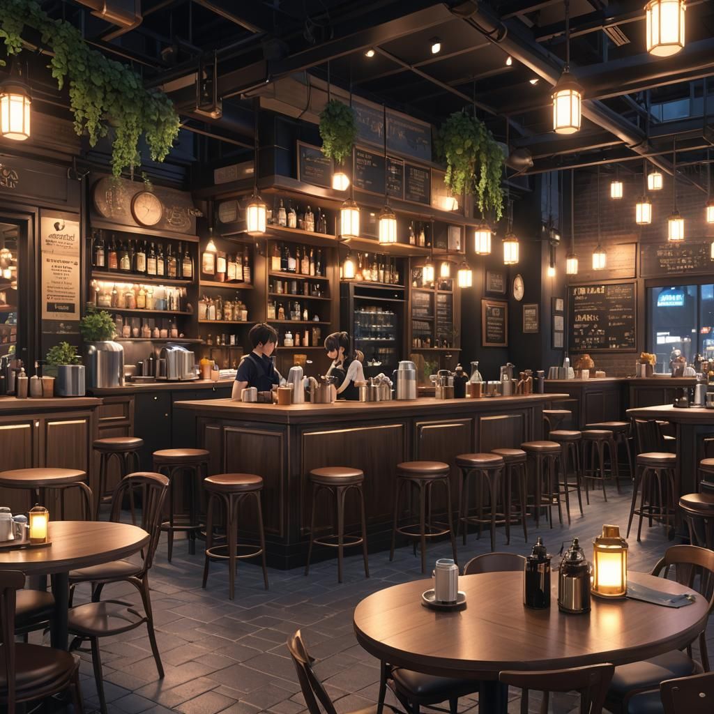 Night Cafe in 3D Anime Style, 8K Resolution