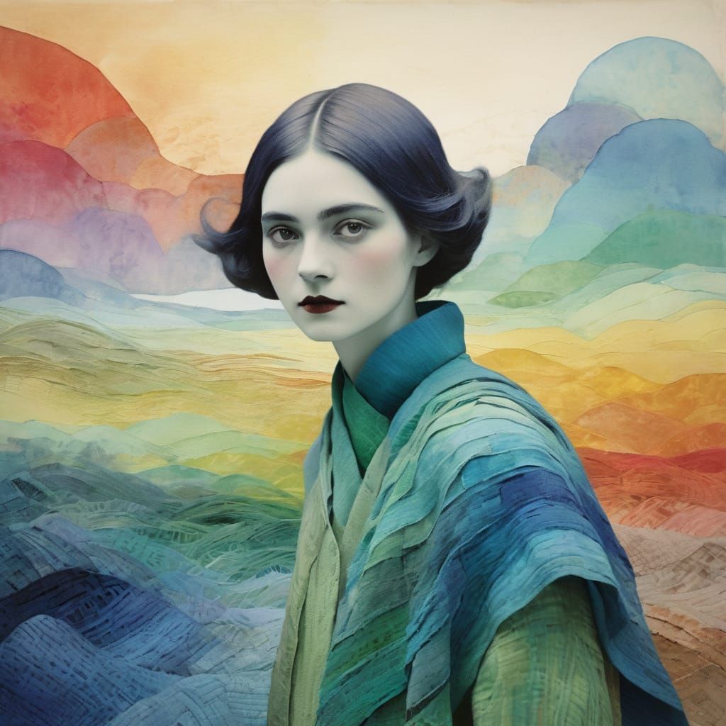 Woman in Pastel Gradient Layered Landscape Art
