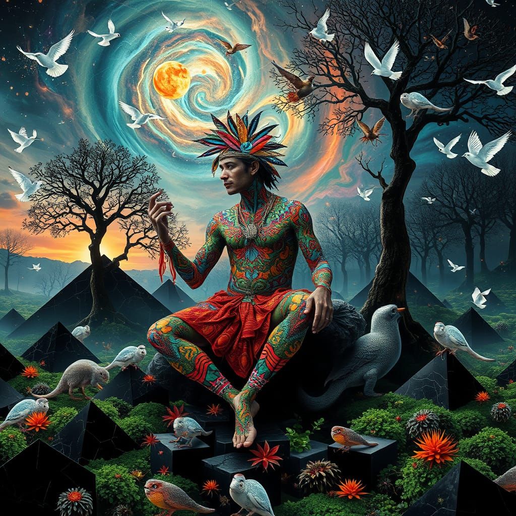 Mystical Prince Dancing on Pyramids in Bio-Art Collage