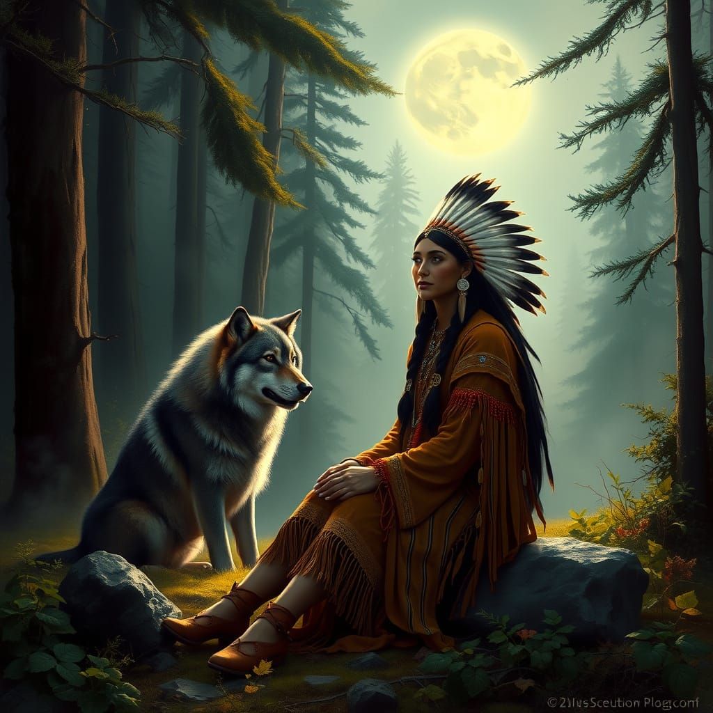 Serenely Majestic Native American Woman and Wolf in a Moonli...