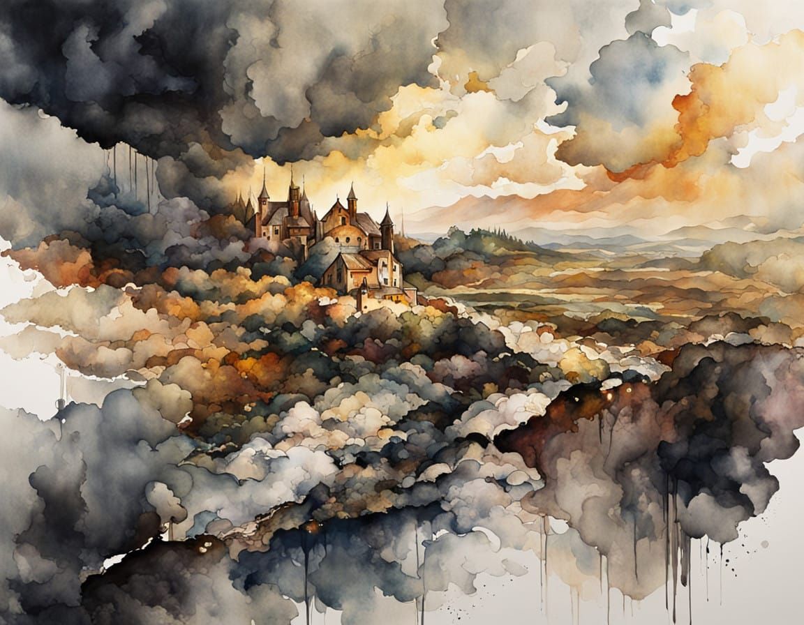 Expressive Watercolor Portrait in Dramatic Thunderstorm