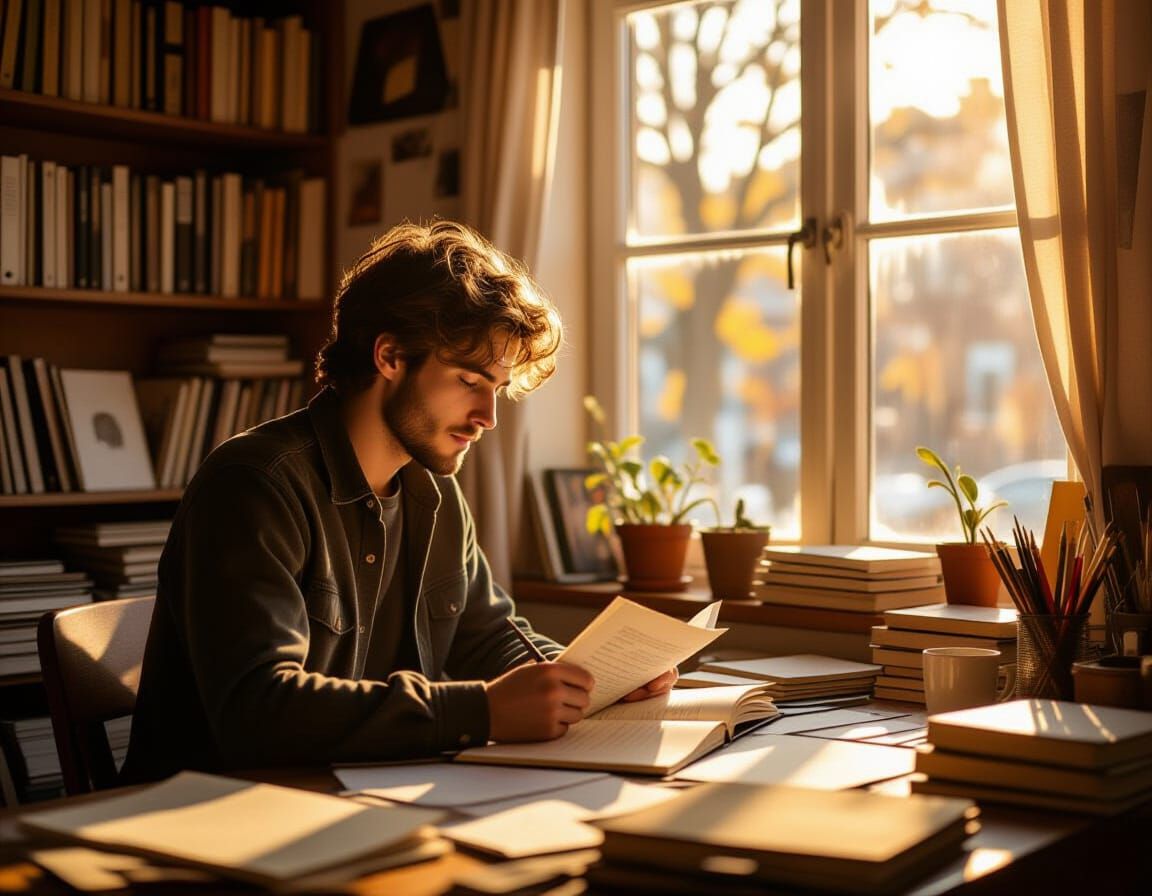 Young Man Writes Poetry in Sunlit Studio
