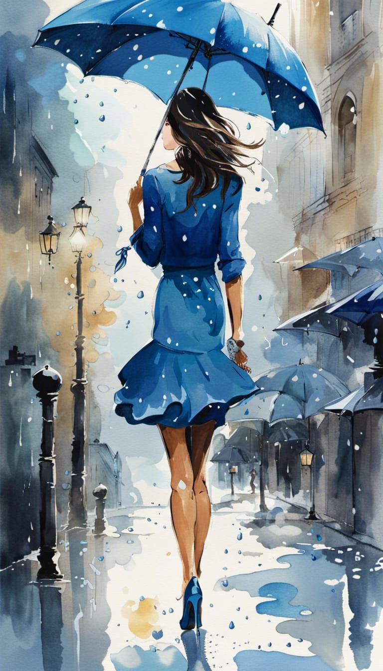 Blue Umbrella Girl in Rainy Street, Watercolor Art