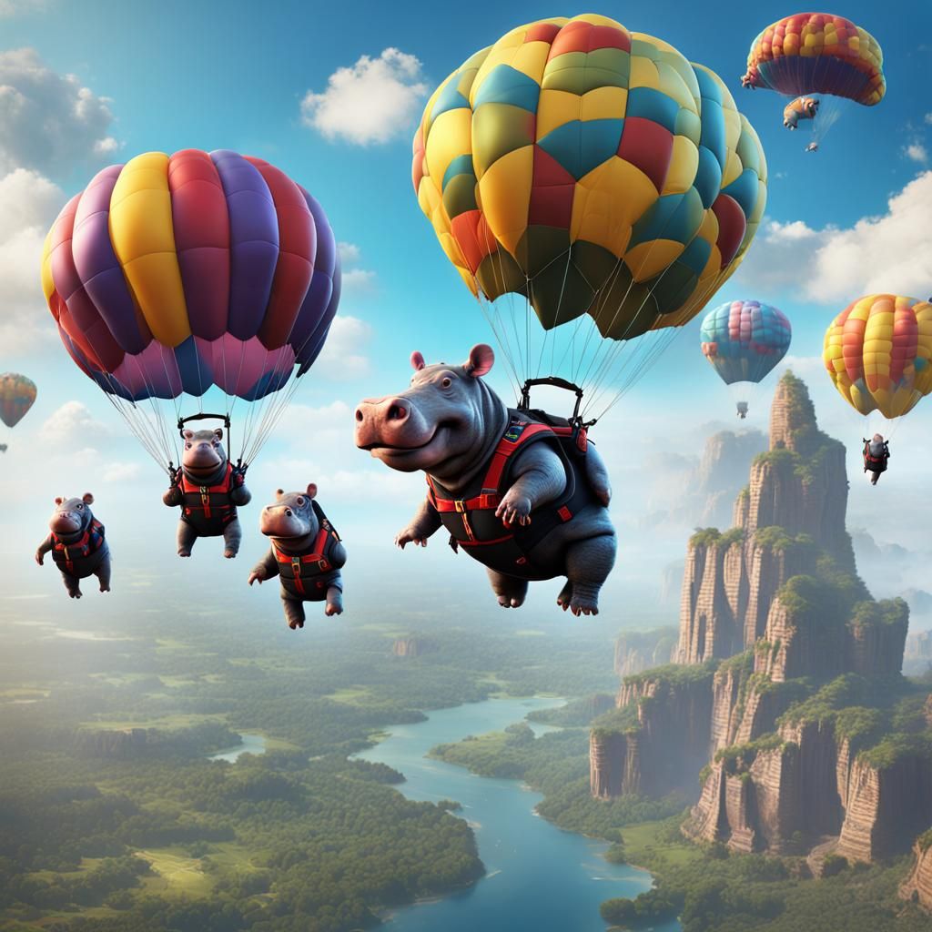 Fantastical Baby Hippos Skydiving in Detailed Digital Art