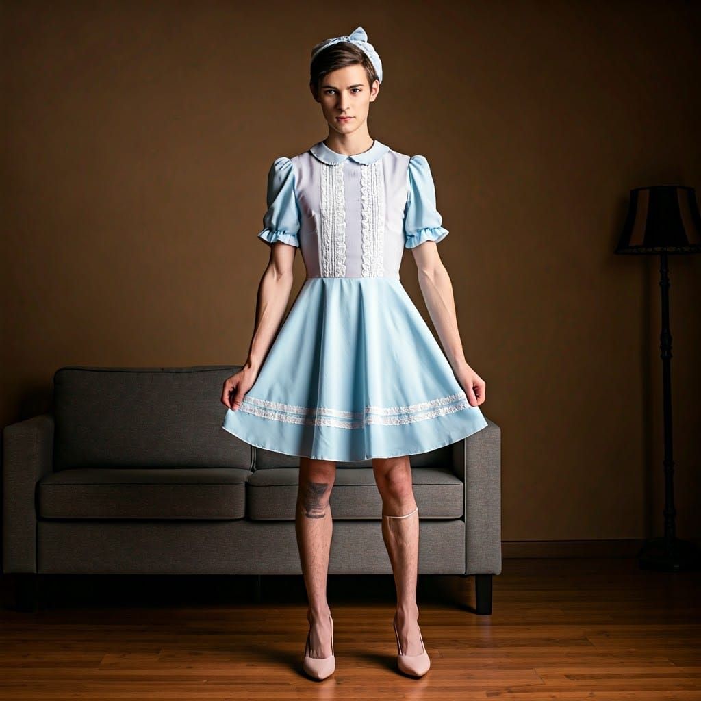 Young Man in Feminine School Dress and Heels
