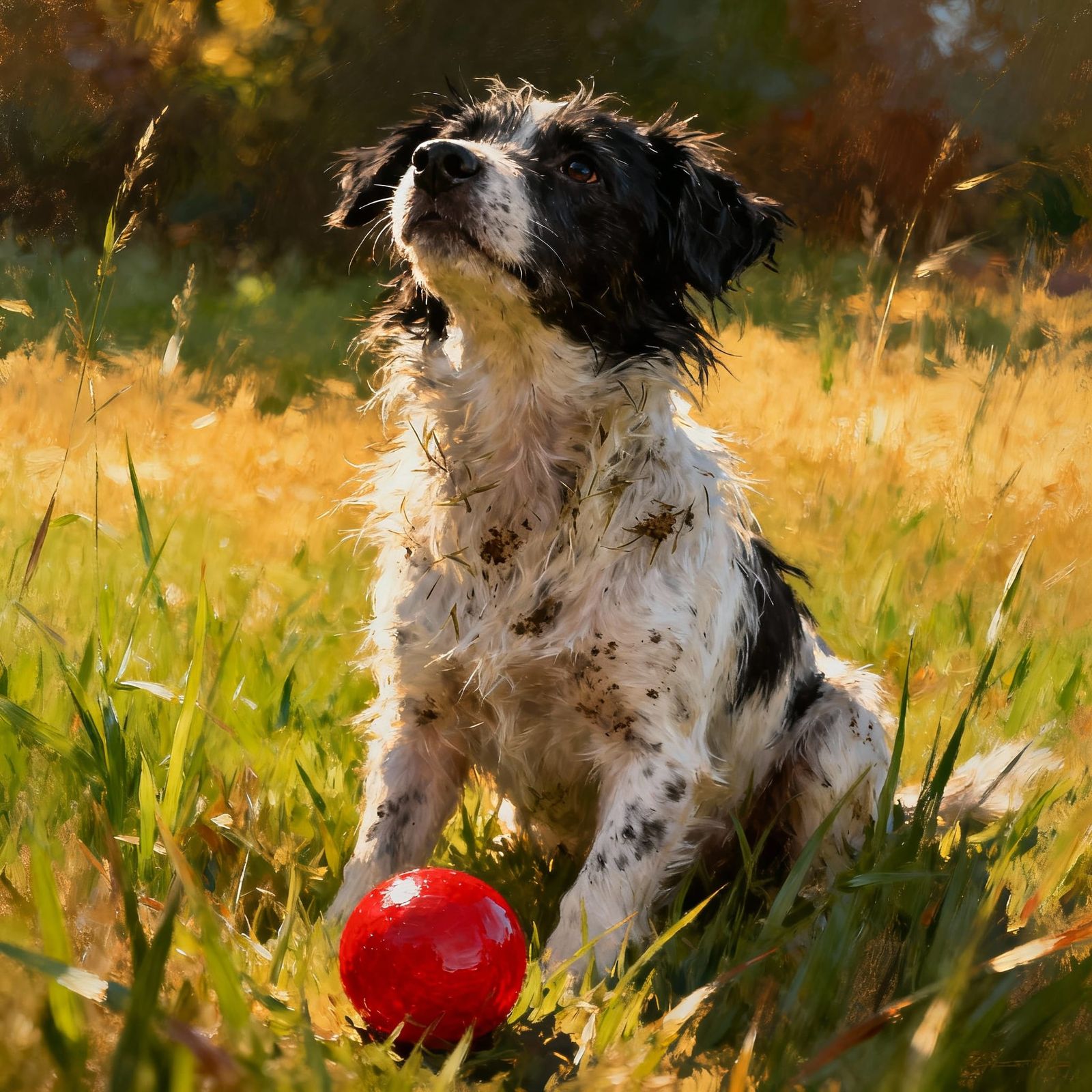 Hopeful Mongrel Dog with Red Ball in Grassy Field