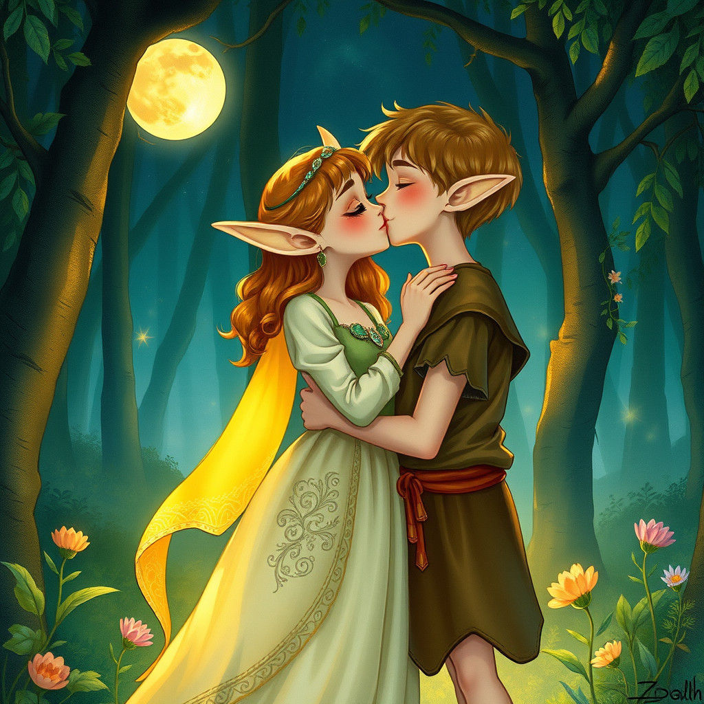 Elfin Girl and Human Boy Kiss in Moonlit Forest