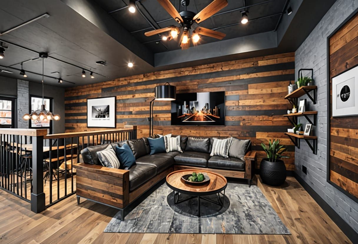 Hyper Realistic Loft Lounge with Wood and Metal Aesthetic