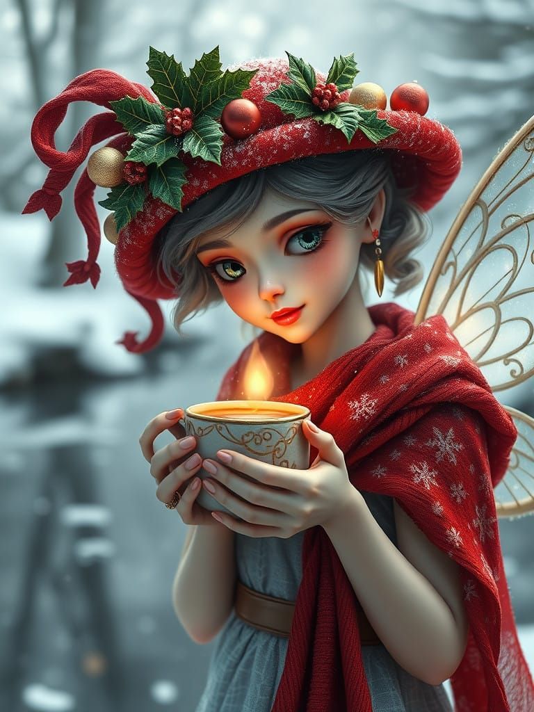 Enchanting Winter Fairy Sips Christmas Coffee in Snowy Wonde...
