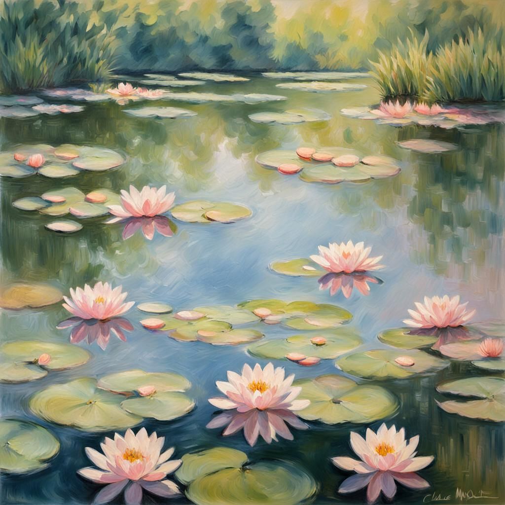 Impressionist Water Lily Scene in Soft Pastel Hues
