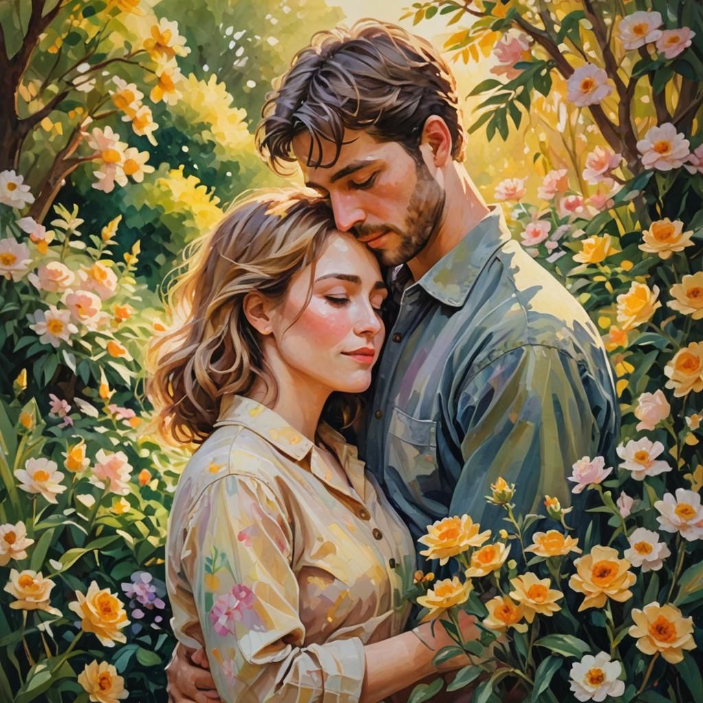 Romantic Couple in Garden, Impressionist Gouache Painting