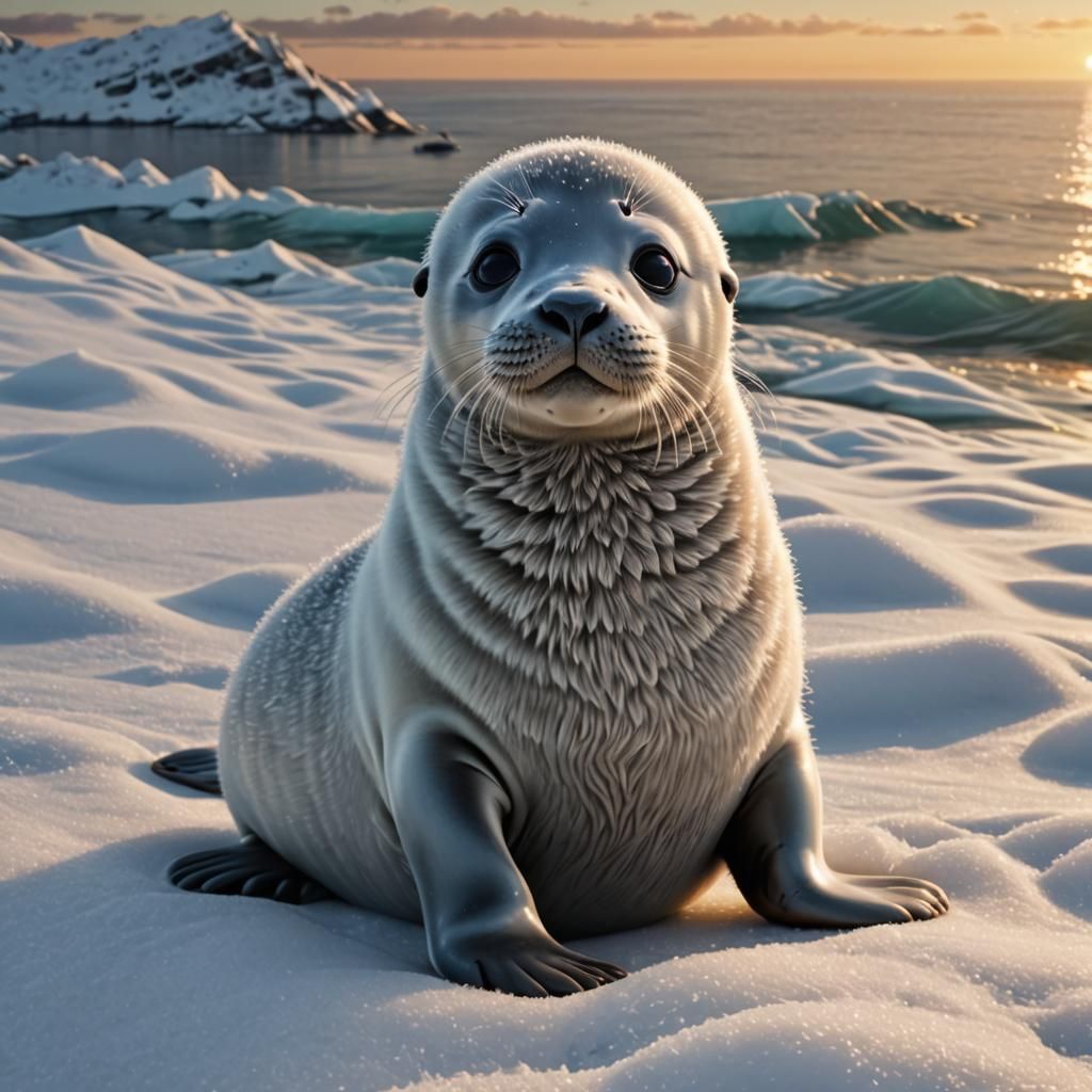 Happy Fuzzy Baby Seal at Sunrise in Photorealistic 3D