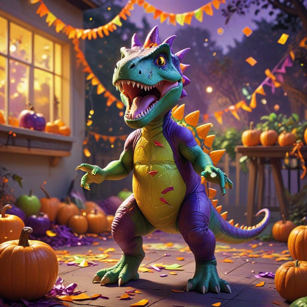 Dinosaur Kid Bobbing for Apples at Halloween Party