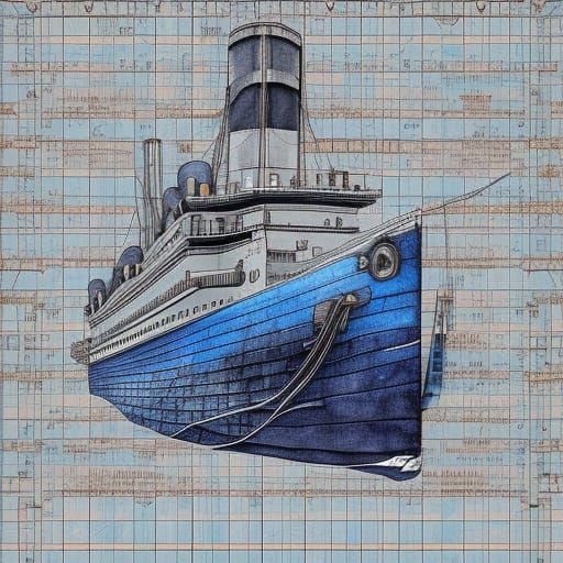 Titanic Schematics in Watercolor Blueprint Style