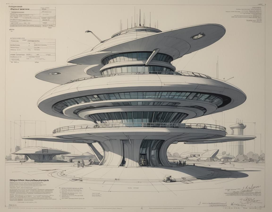 Jetsons space age building, side view, engineering drawing, specification notes