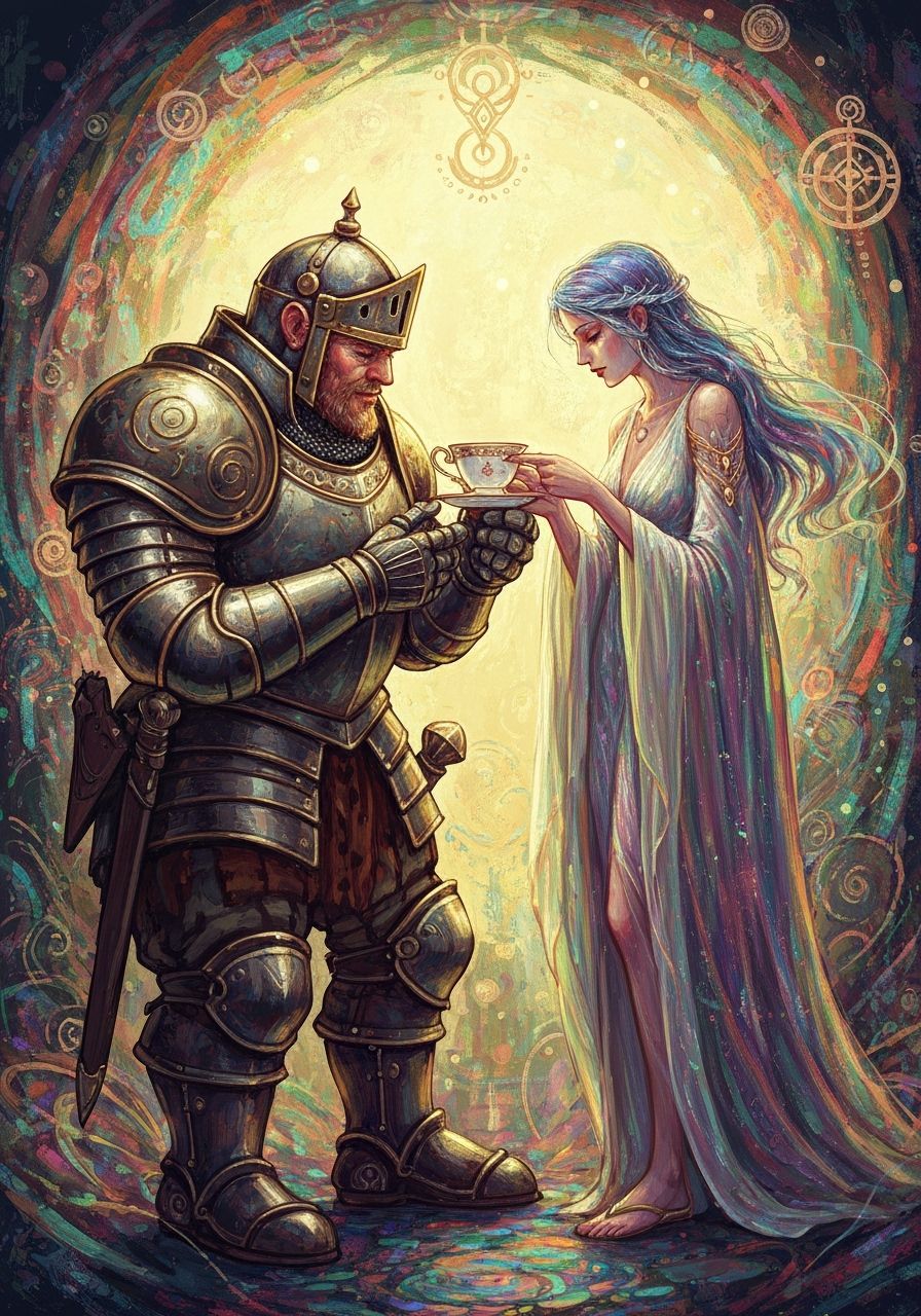 Knight and Goddess Share Tea in Dreamlike Swirls