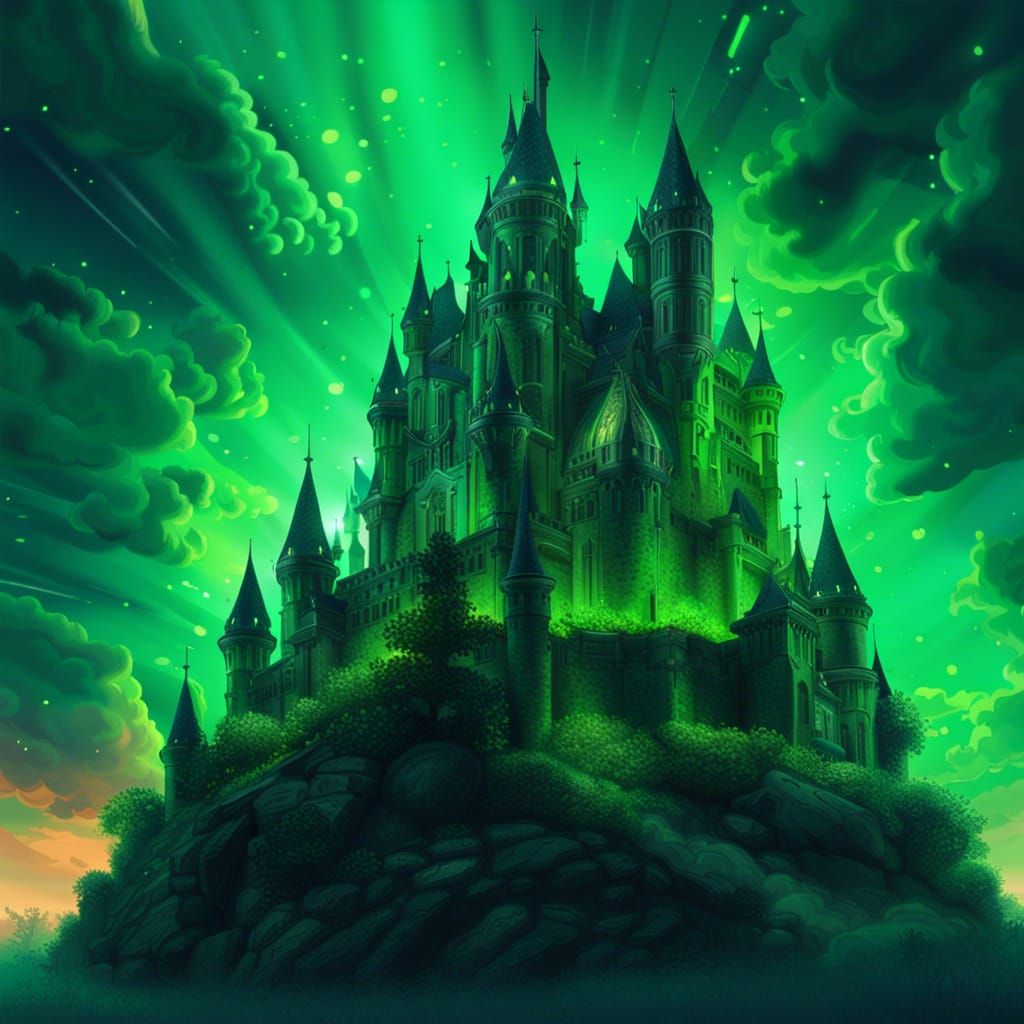 Fantasy Castle Under Green Glowing Night Sky