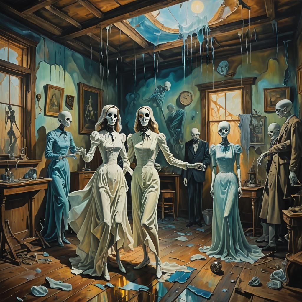 Surreal Ghostly Dance in Forgotten Attic Oil Painting