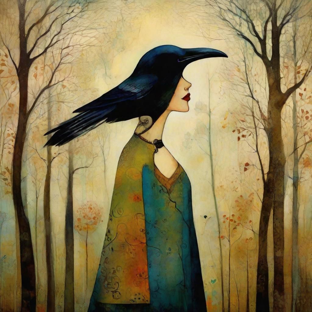 Mystic Woman with Crow in Forest Illustration